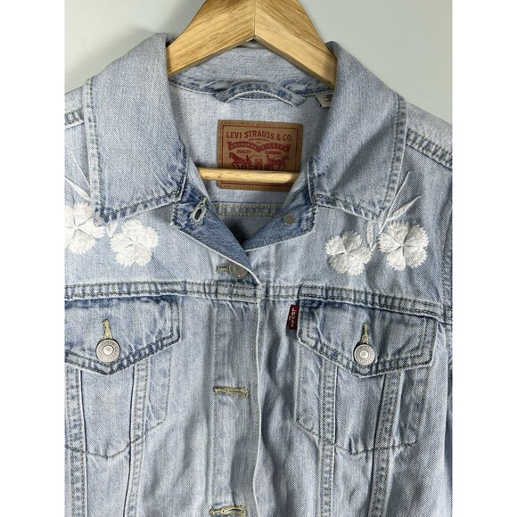Levi’s‎ Women’s L cotton denim jacket white embroidered flowers Light Wash Blue - Picture 5 of 13